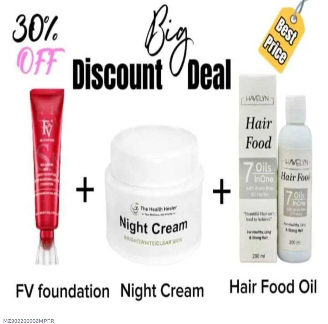 3 in 1 Beauty Bundle Night Cream + Hair Oil + Foundation