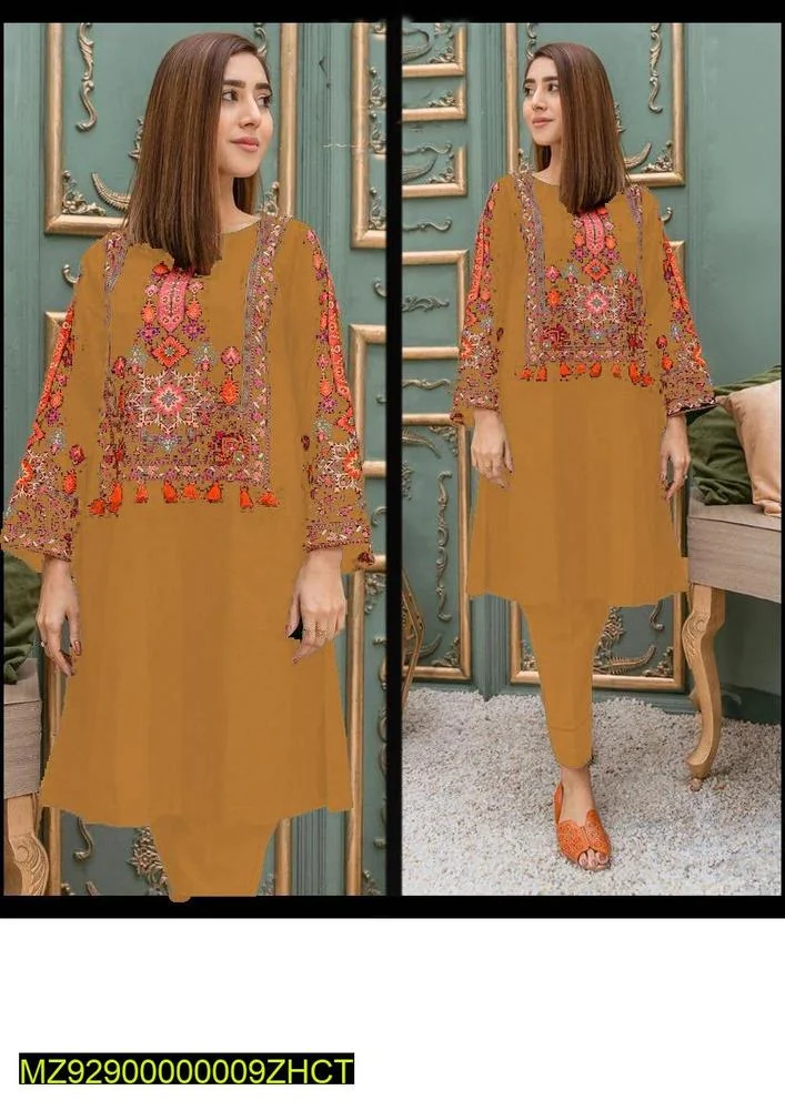 2 Pcs Women's Stitched Linen Embroidered Shirt And Trouser
