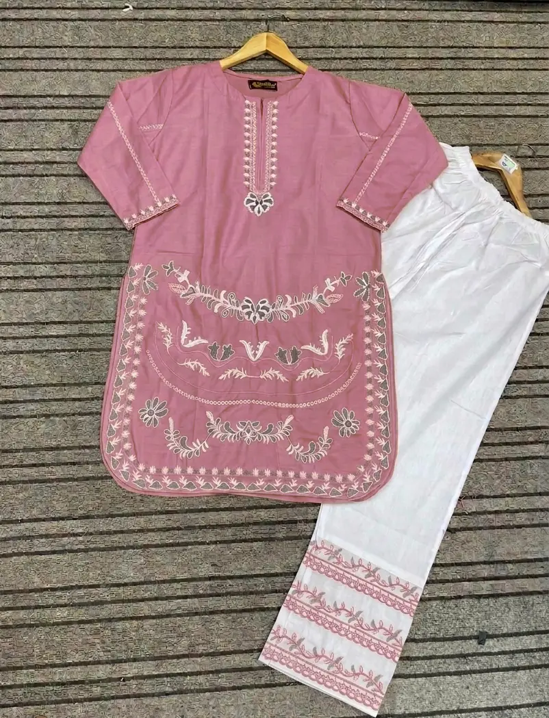2 Pcs Women's Stitched Cotton Embroidered Co-Ord Set