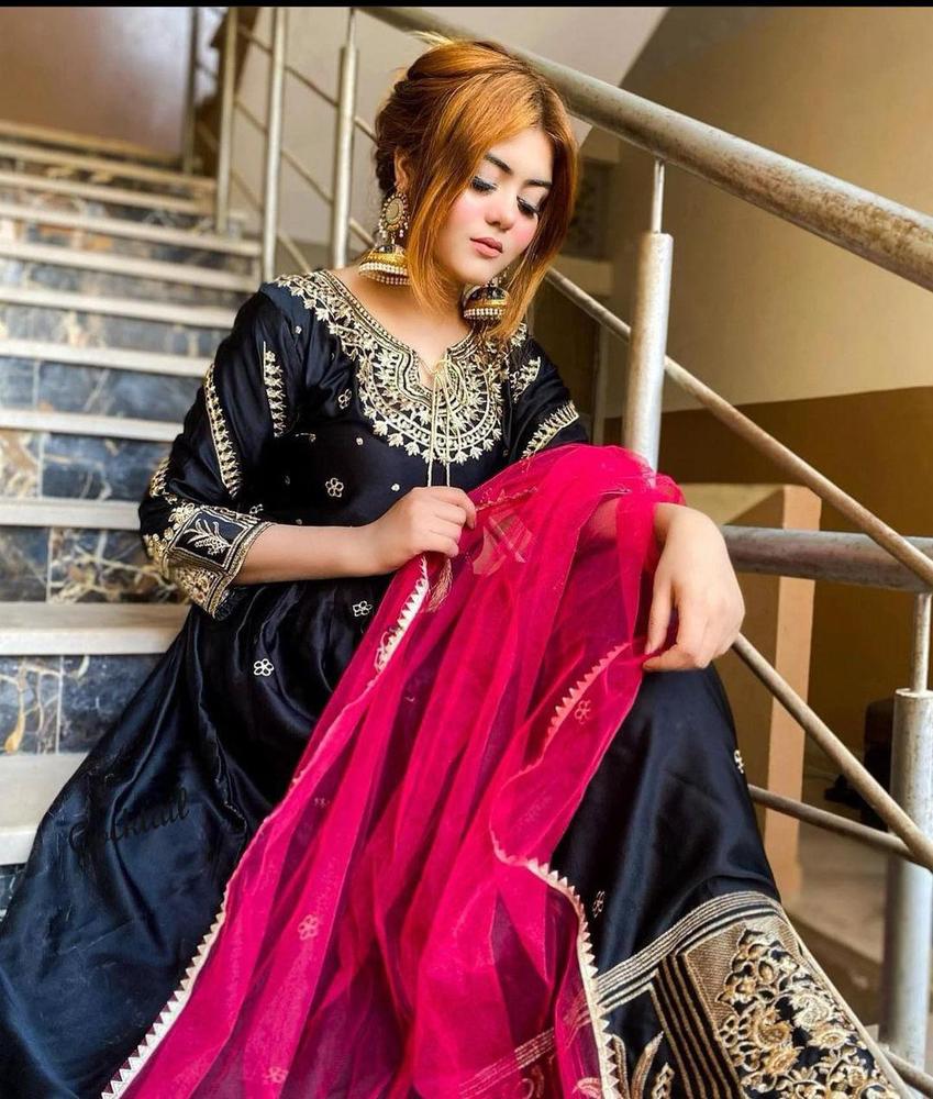 Maxi Katan Silk Dupatta Set Navy Pink 3 Pcs