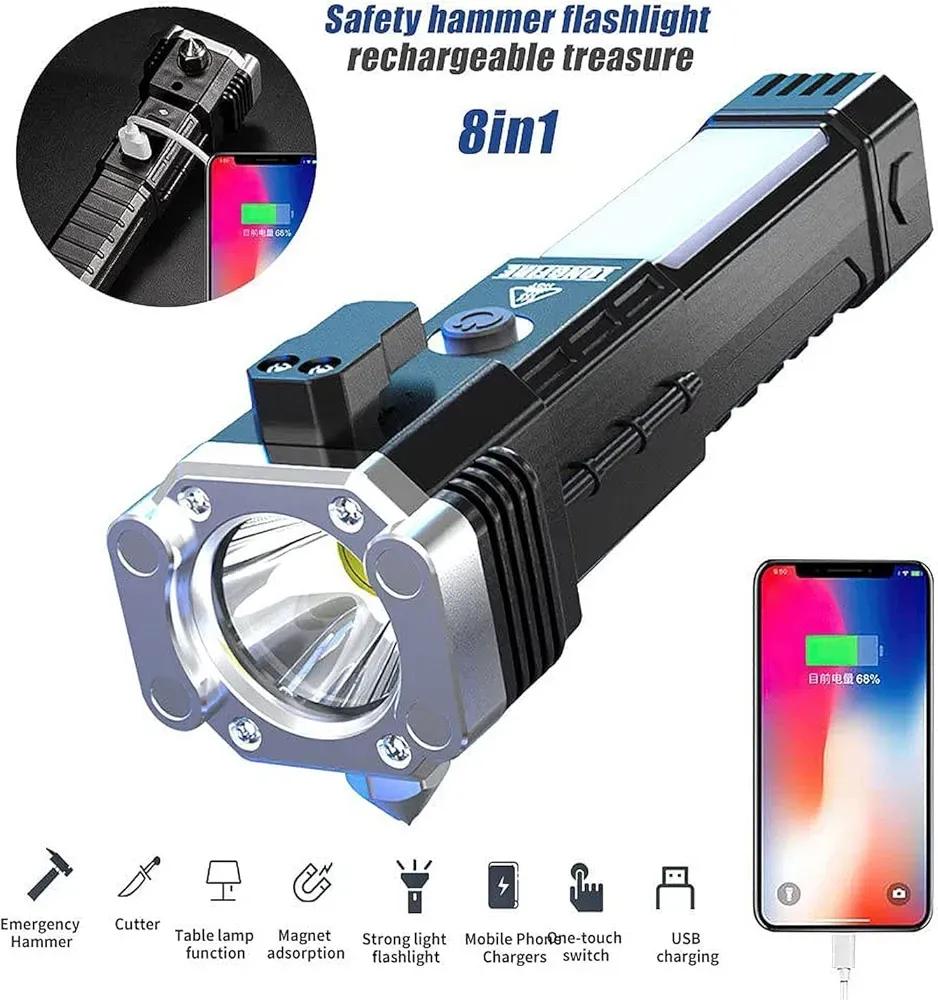 Rechargeable LED Torch with Window Breaker & Power Bank Black Red