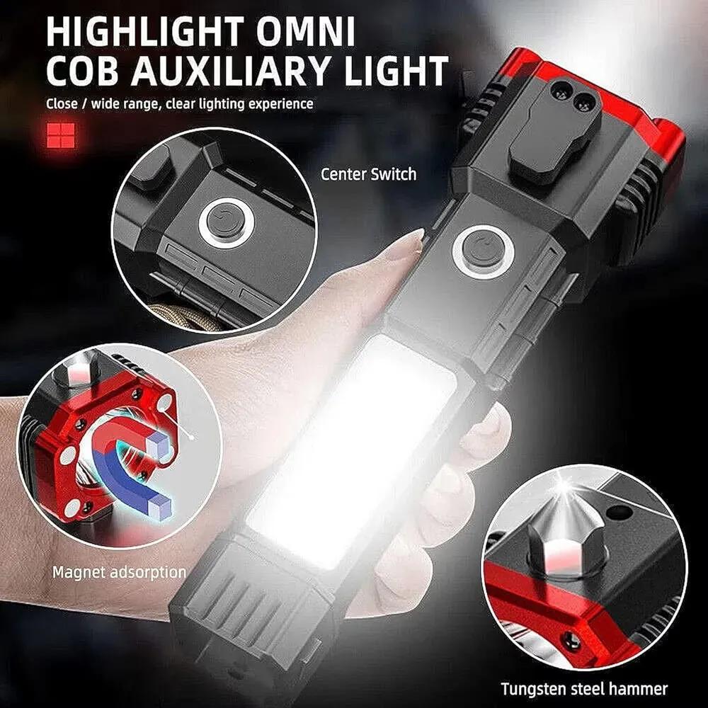 Rechargeable LED Torch with Window Breaker & Power Bank Black Red