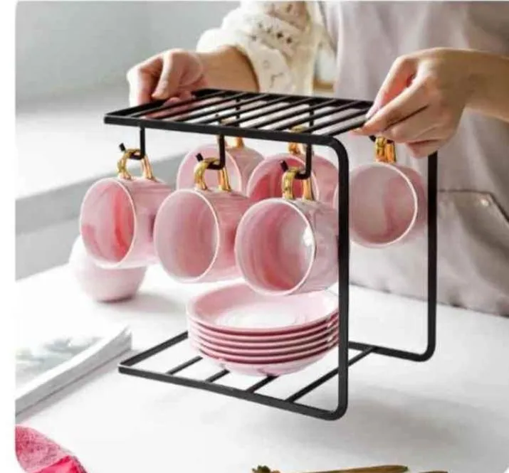 Black Metal Mug & Plate Stand for Kitchen