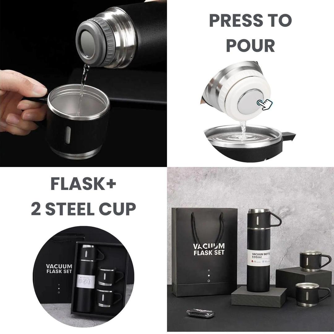Black Stainless Steel Vacuum Flask Set 12Hr Hot Cold