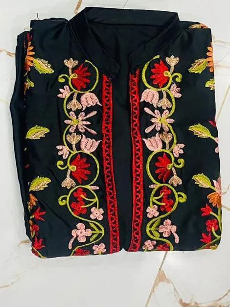 3 Pcs Women's Stitched Katan Silk Embroidered Gown Suit