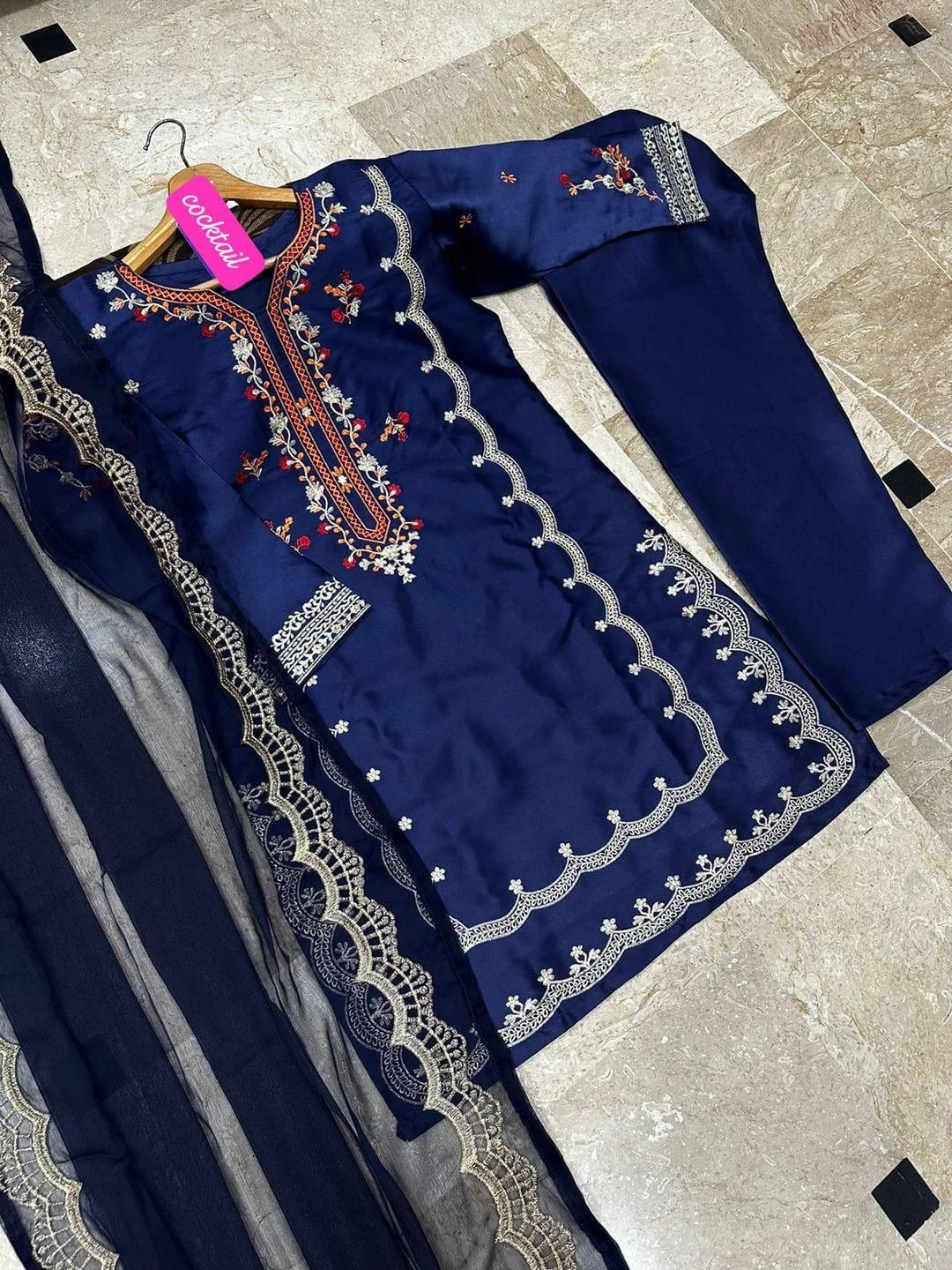 Embroidered Shalmose Silk Women's Stitched Suit with V-Neck and Dupatta in Blue