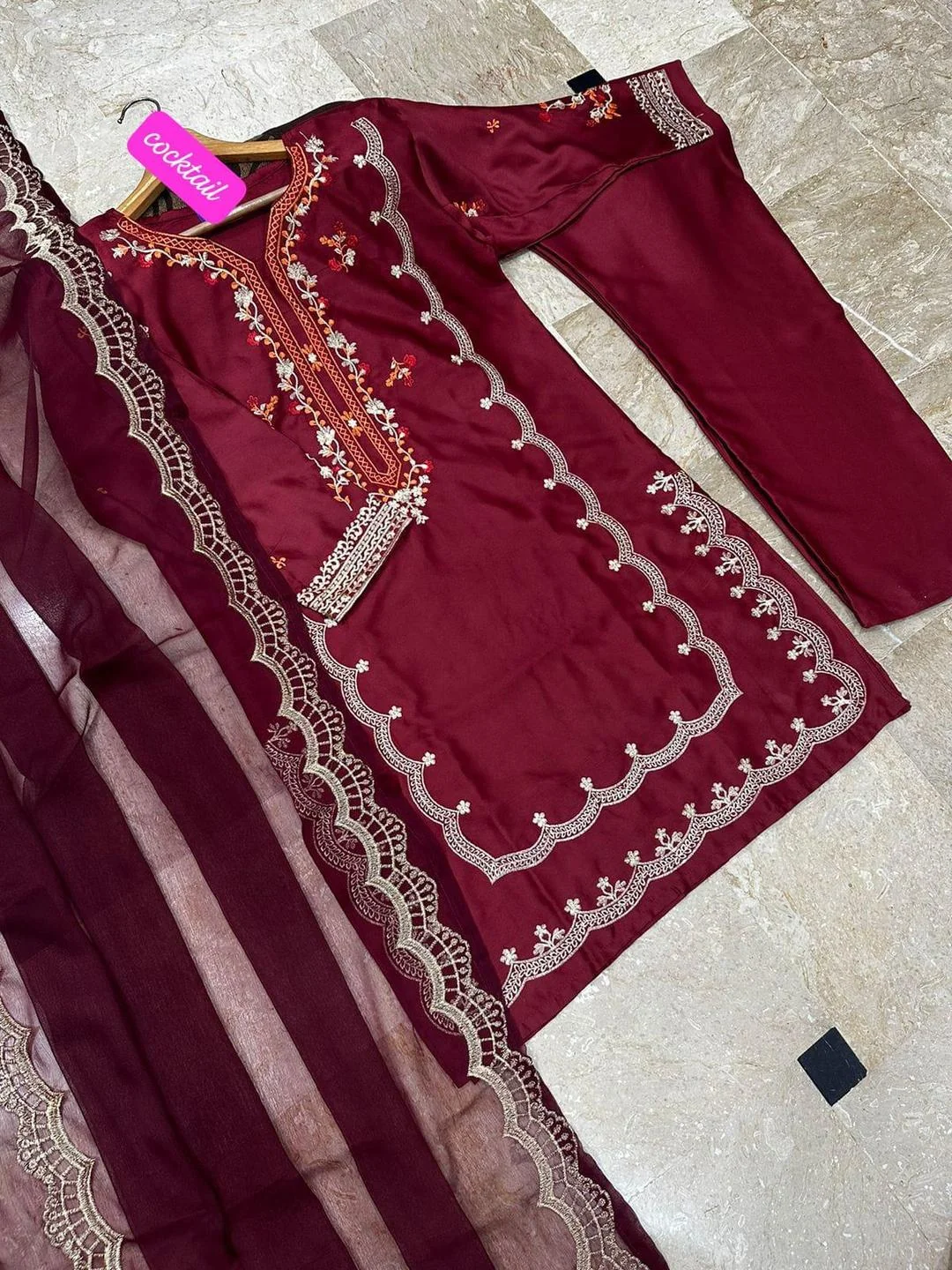 Embroidered Red Shalmose Silk Suit with V-Neck Design for Women