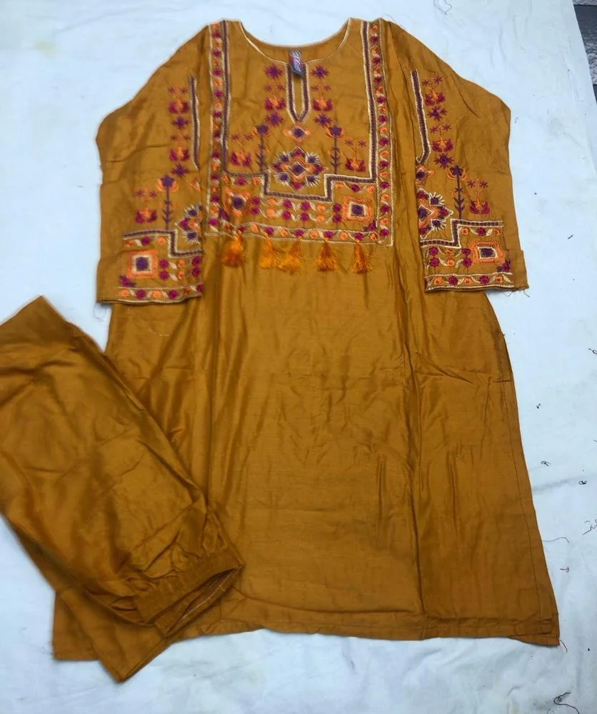2 Pcs Women's Stitched Linen Embroidered Shirt And Trouser