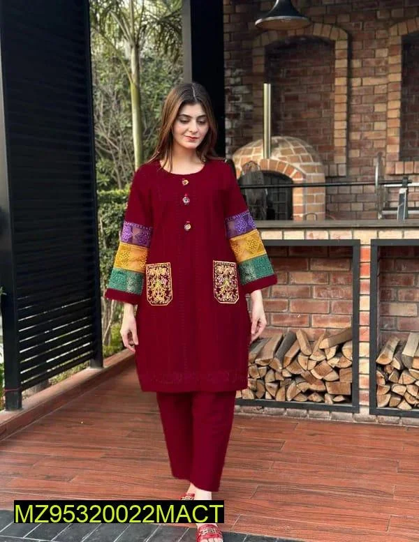 2 Pcs Women's Stitched Cotton Embroidered Frock And Trouser