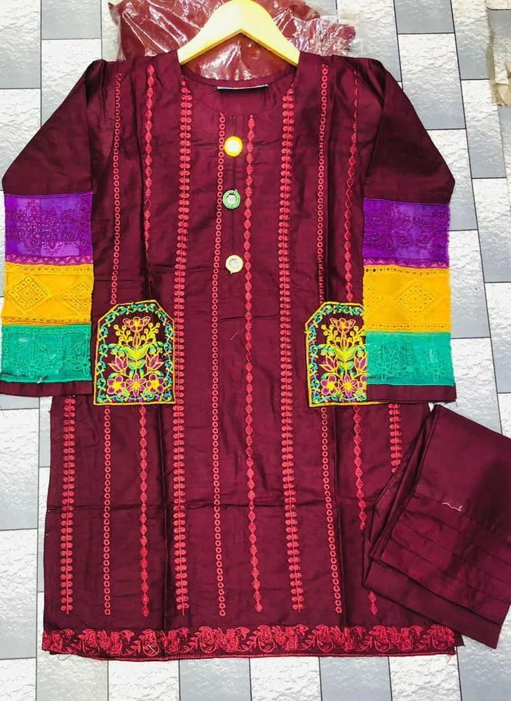 2 Pcs Women's Stitched Cotton Embroidered Frock And Trouser