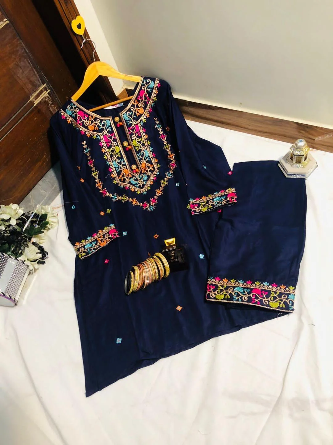 Women's Stitched Embroidered Linen Shirt and Trouser Set with Round Neck