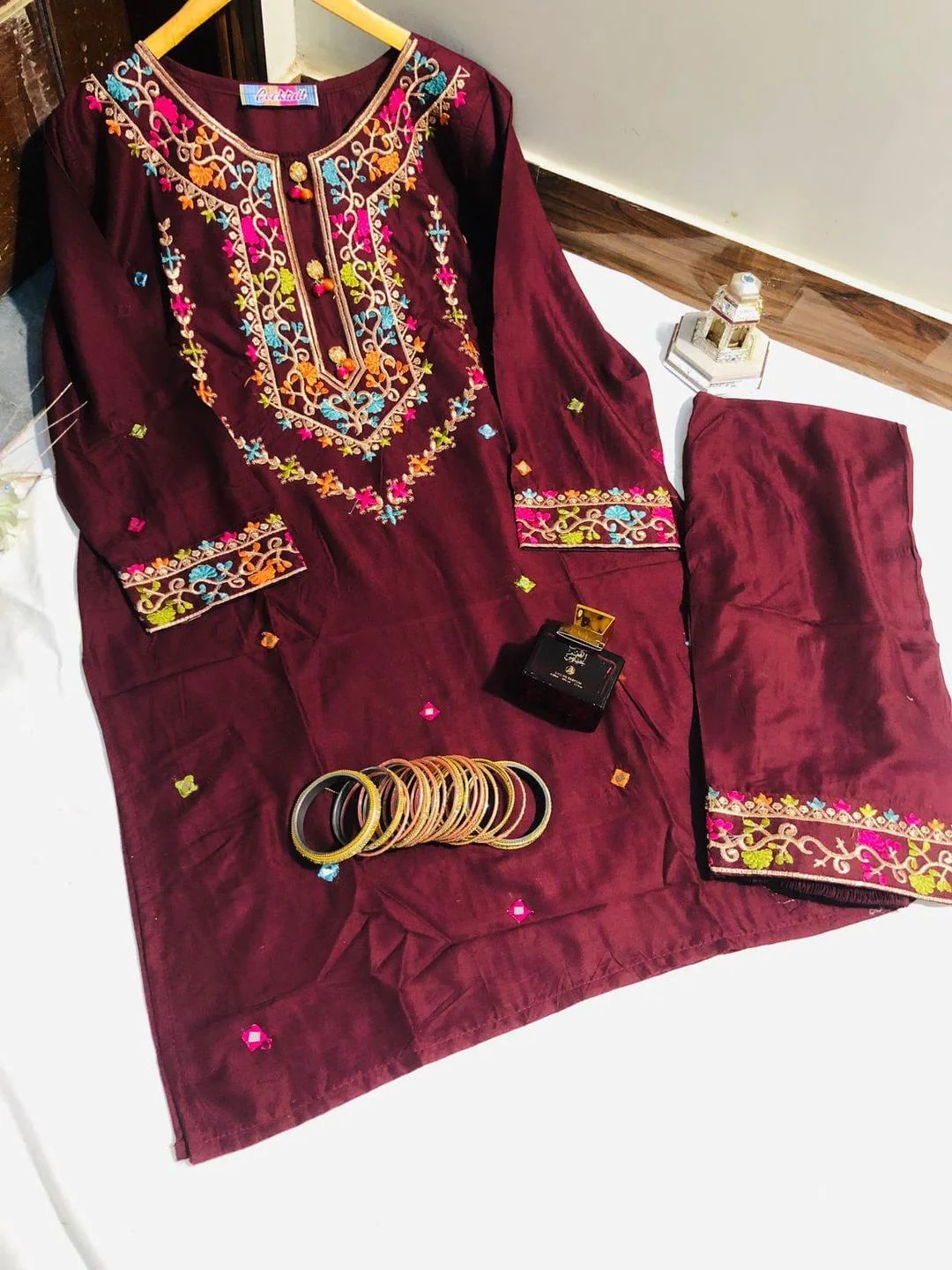 Stylish Maroon Embroidered Linen Shirt and Trouser Set for Women