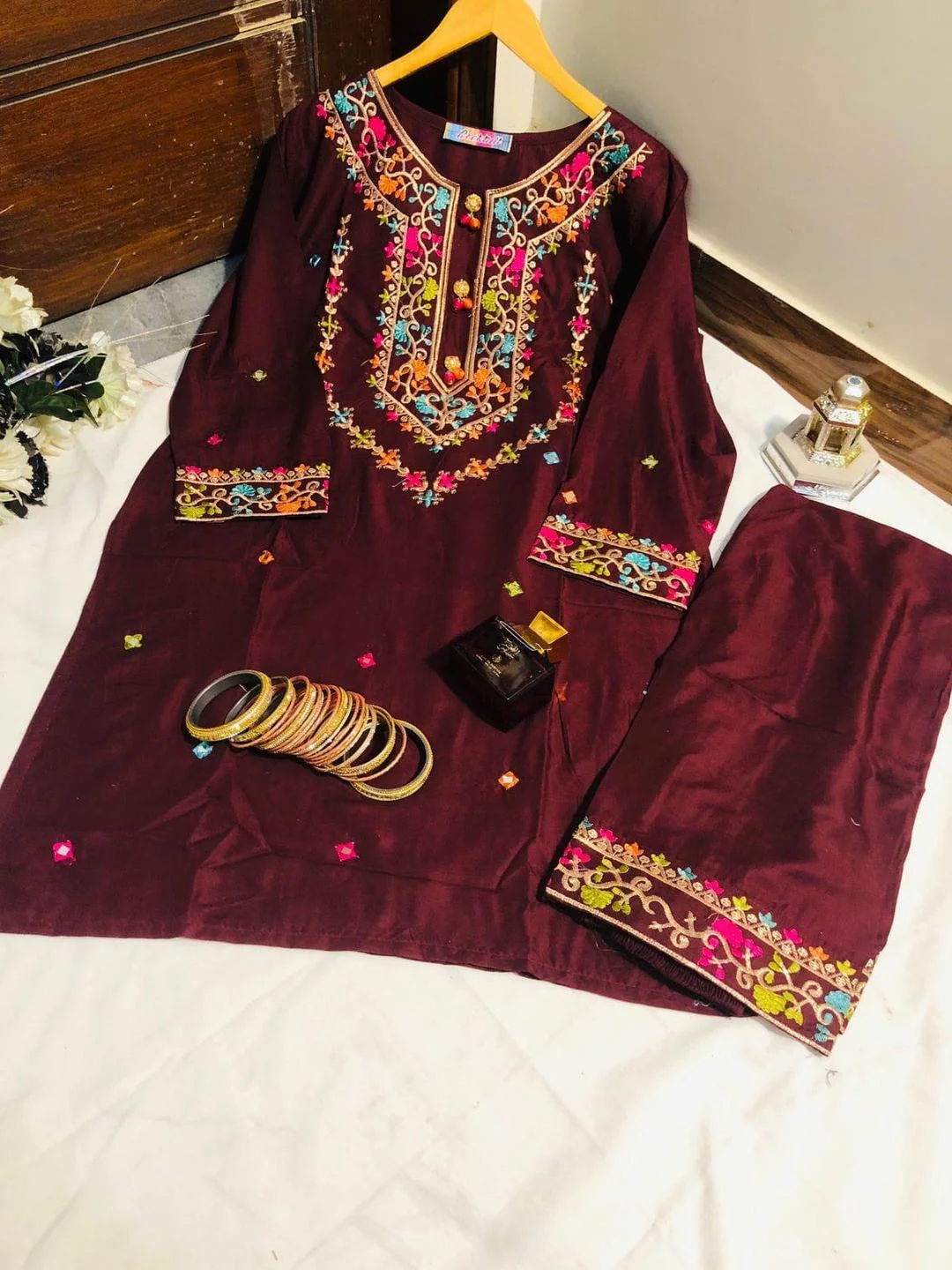 Stylish Maroon Embroidered Linen Shirt and Trouser Set for Women