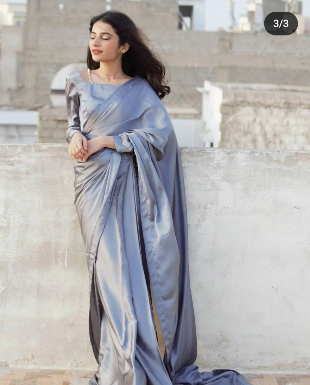 Exquisite Grey Shalmose Silk Stitched Saree Set - 3 Pcs (Saree, Blouse & Petticoat)