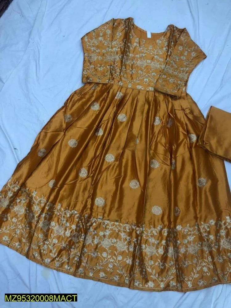 2 Pcs Women's Stitched Silk Embroidered Maxi - Mustard