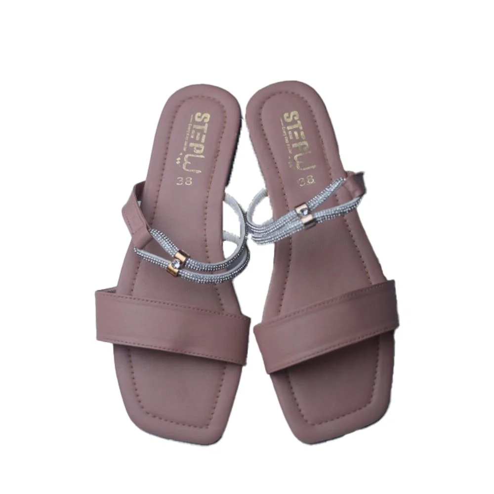 Peach Rexine Flat Sandals with Metallic Strap
