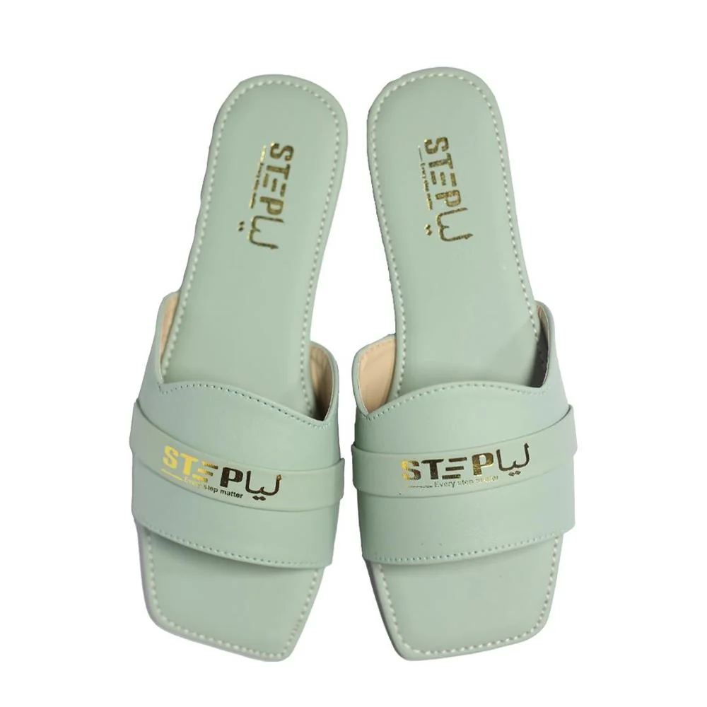 Green Rexine Slides for Women with Gold Embroidery