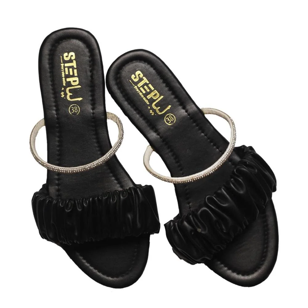 Black Ruffled Flat Sandals for Women with Silver Strap