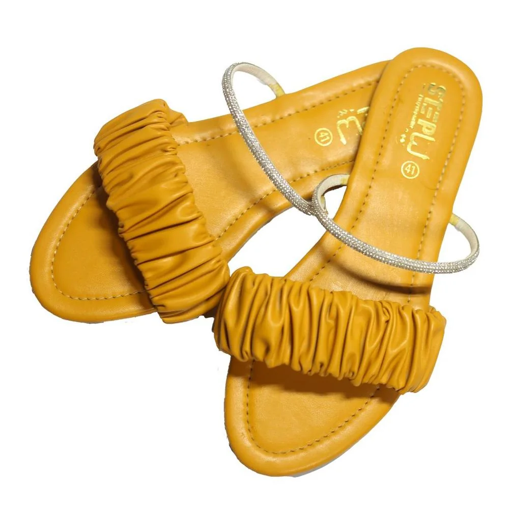 Yellow Rexine Flat Sandals with Sparkle Ankle Band