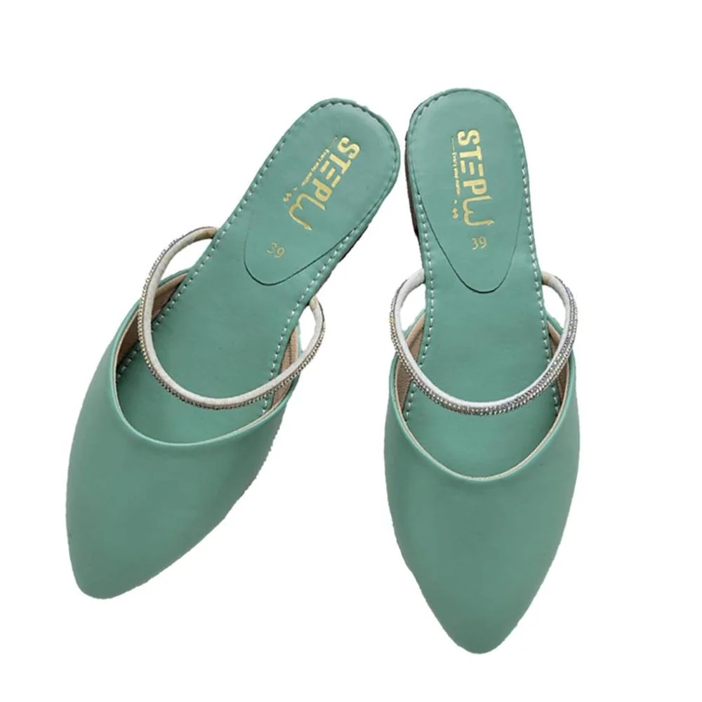 Green Pointed Toe Rexine Slides for Women