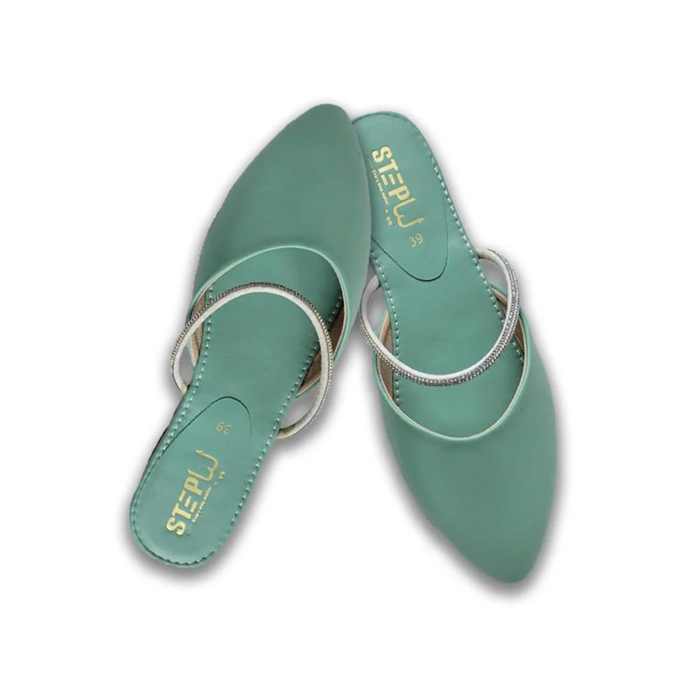 Green Pointed Toe Rexine Slides for Women