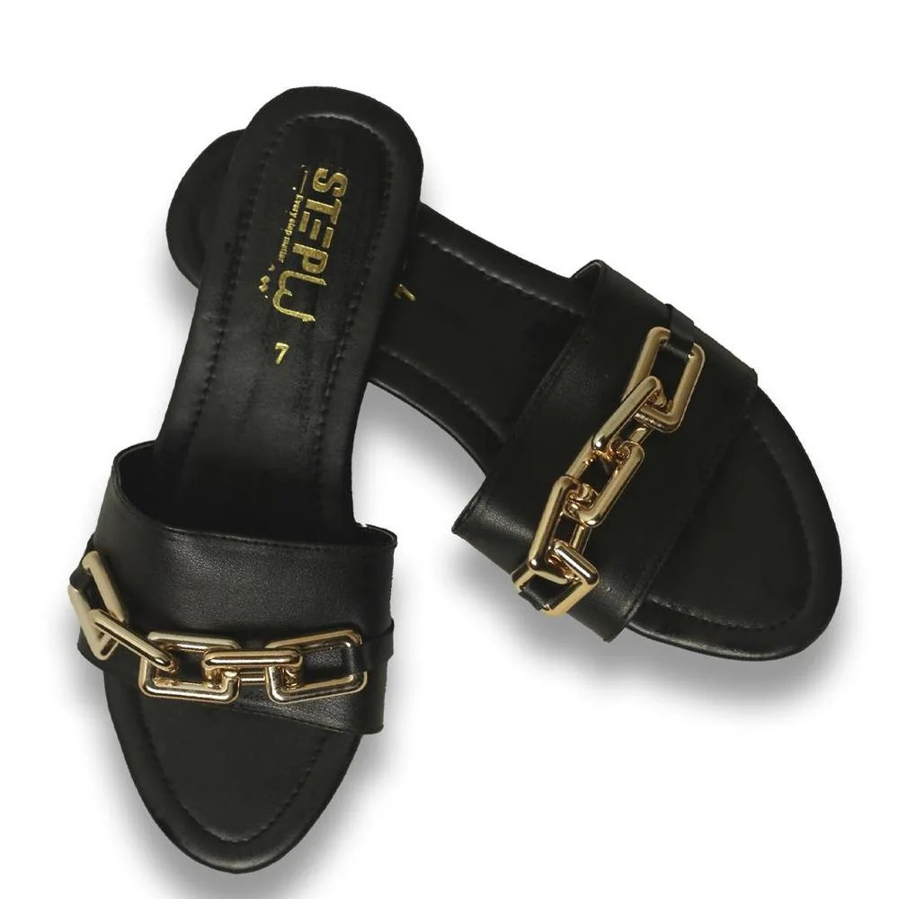 Black Rexine Flat Sandals with Gold Chain Strap