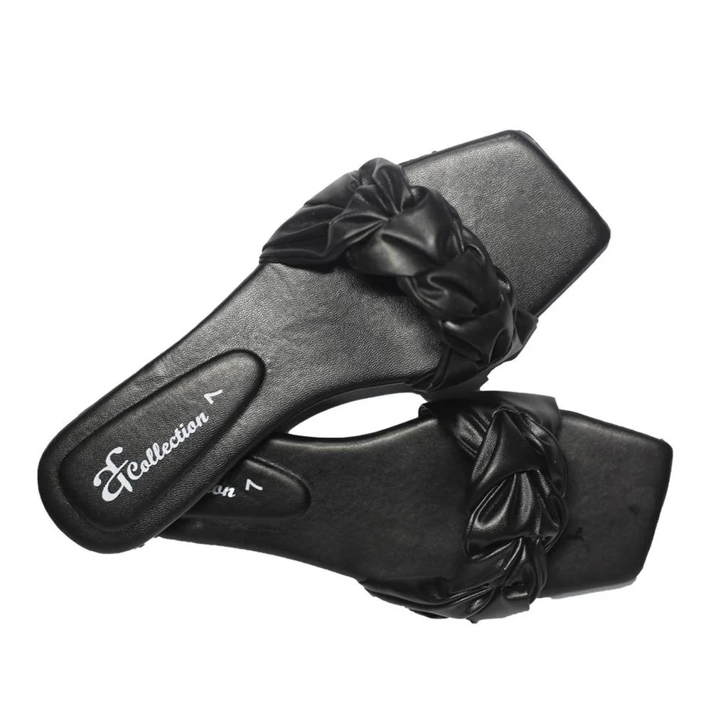 Black Ruffled Bow Slippers with Square Toe