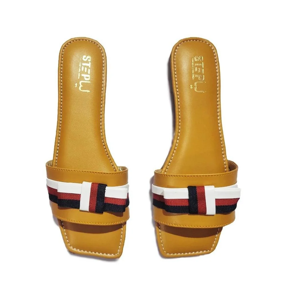 Women's Red Bow Slippers with Square Toe & Leather Sole