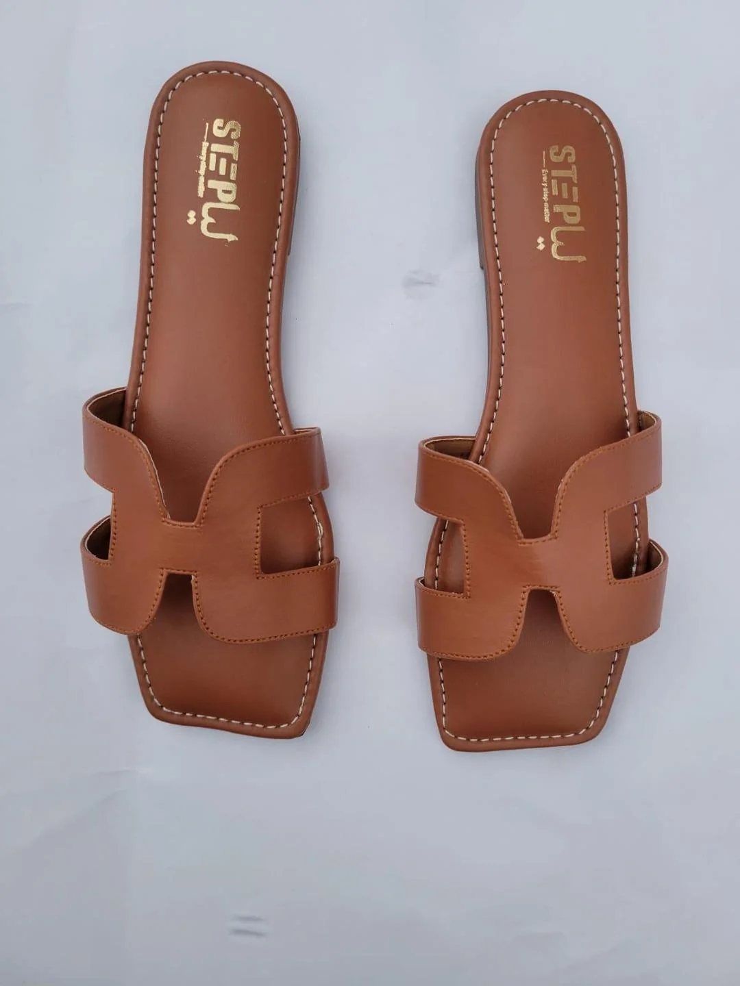 Women's H-Strap Brown Rexine Slides Size 6-11