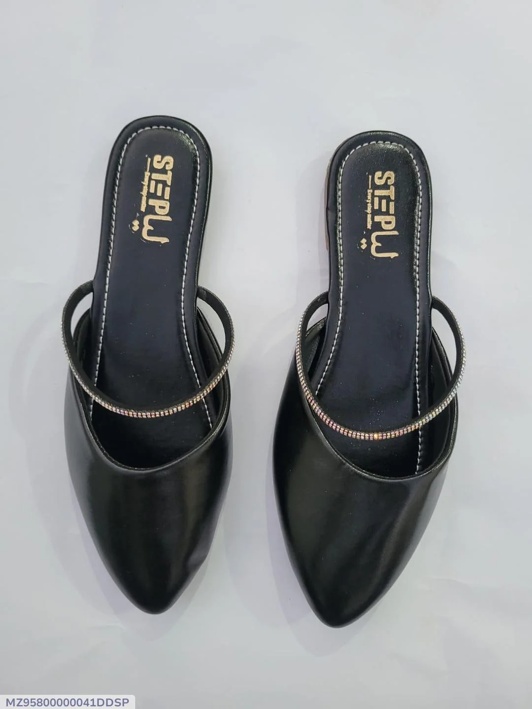 Black Pointed Toe Mules with Rhinestone Strap