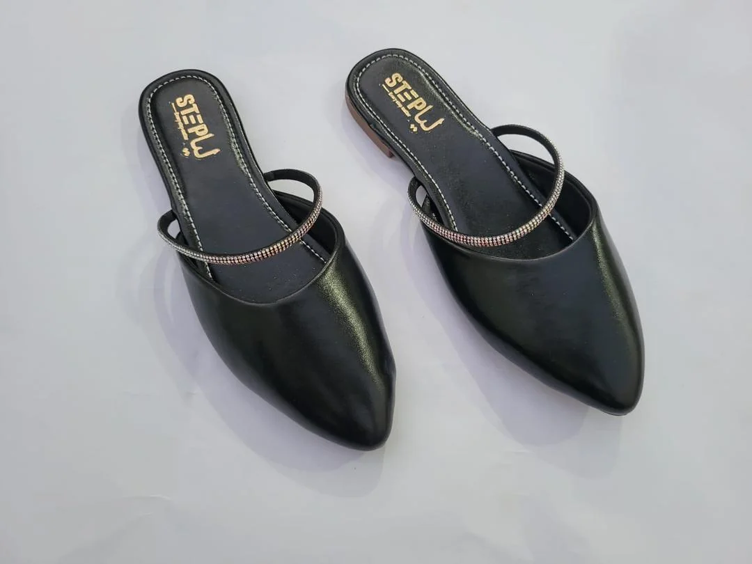 Black Pointed Toe Mules with Rhinestone Strap