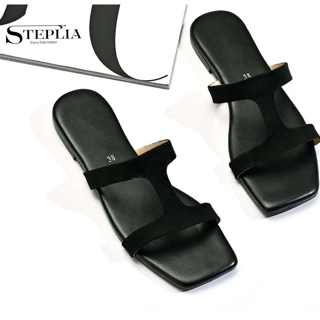Women's Black Rexine T-Strap Slippers Flat Sole