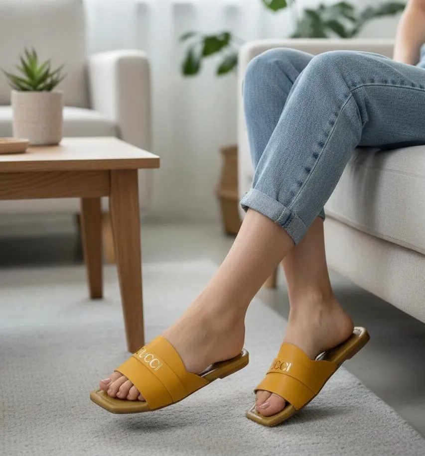 Women's Yellow Rexine Slippers with Printed Logo