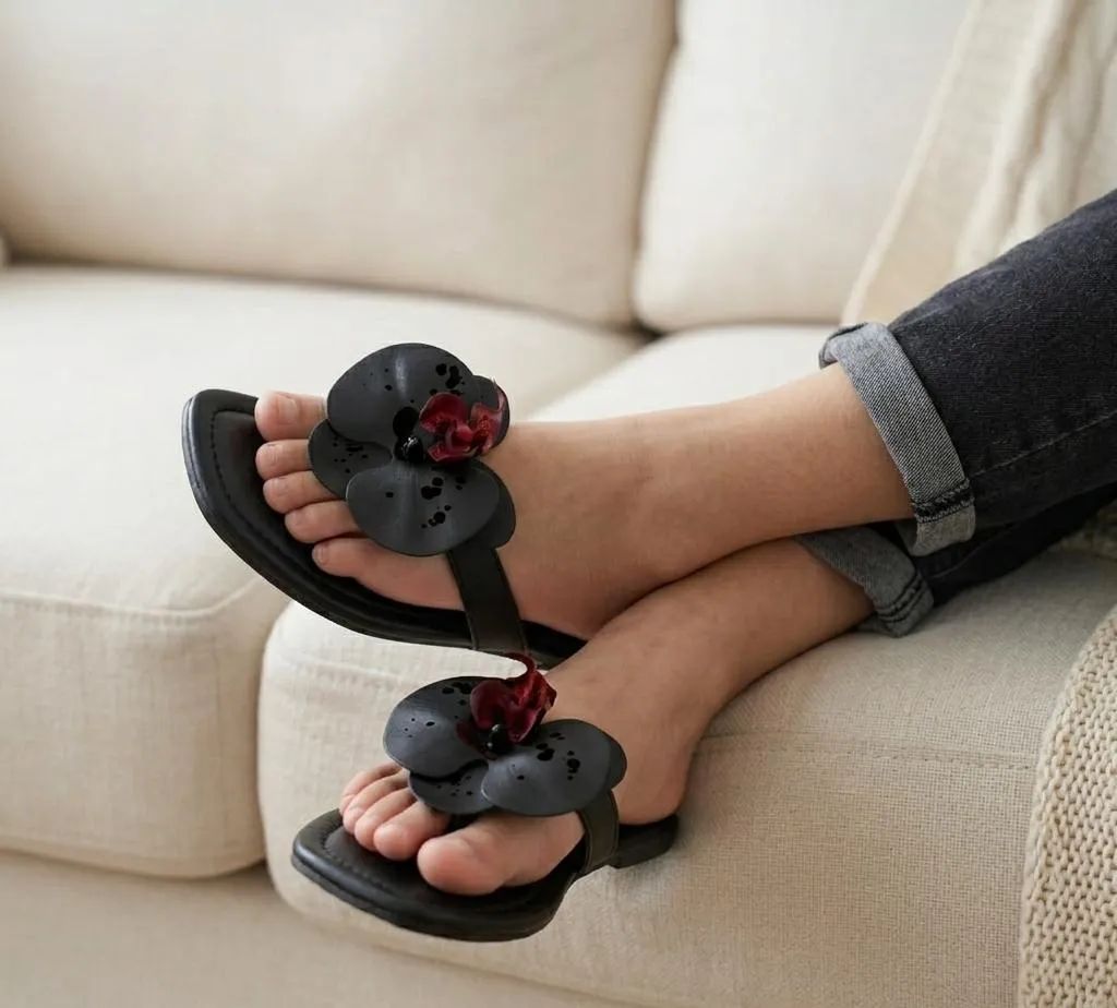 Women's Black Rexine Fancy Slippers Size 6-11