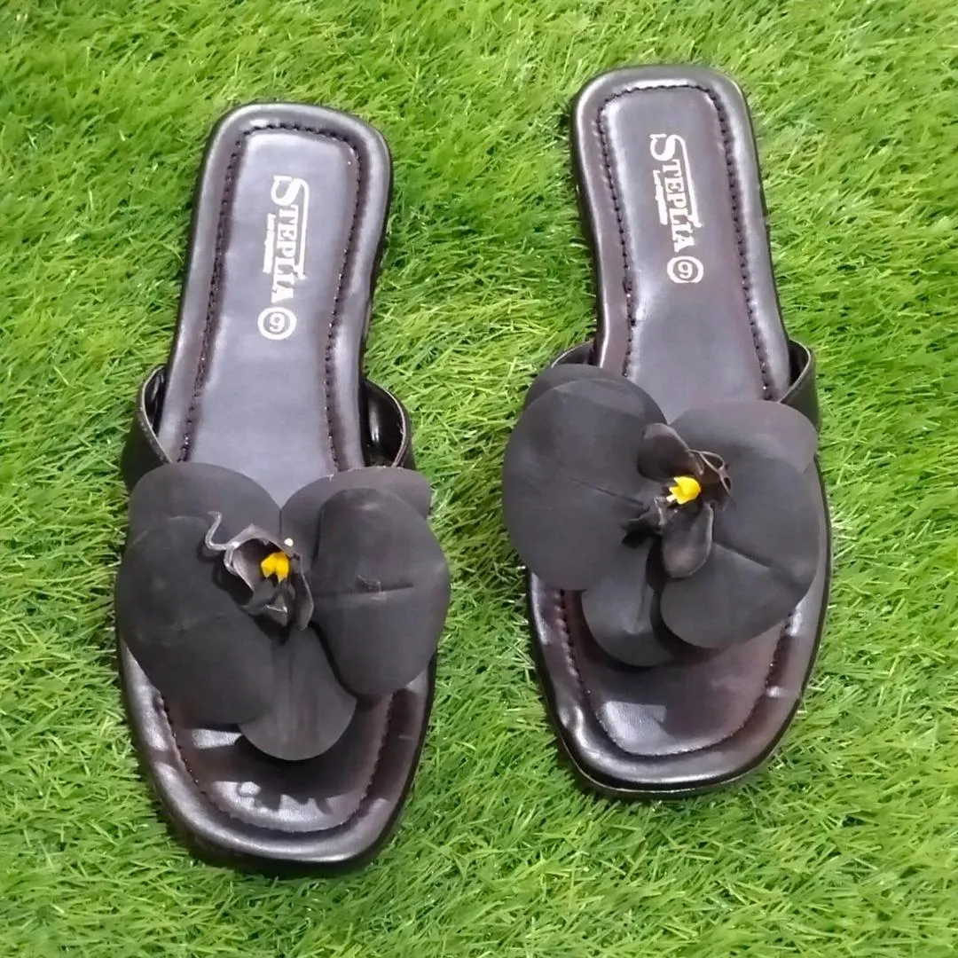 Women's Black Rexine Fancy Slippers Size 6-11