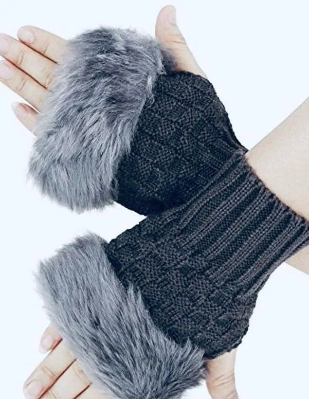 Women Fingerless Wool Gloves with Faux Fur Trim Winter Warm