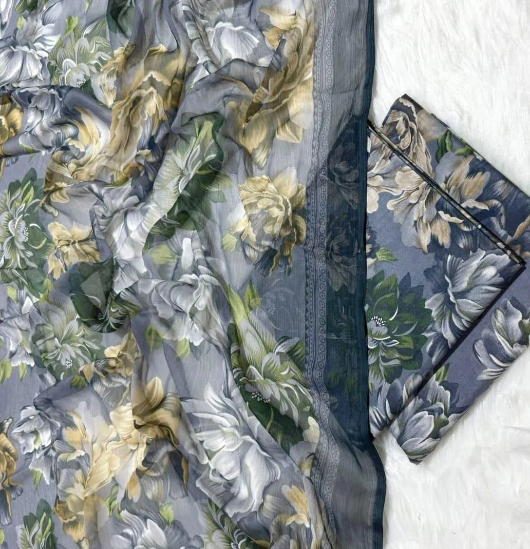 Grey Printed Lawn 3Pcs Set Dupatta Shirt Trouser