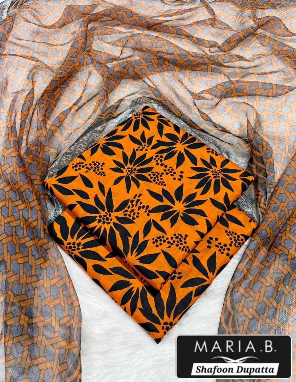 Orange Digital Print Lawn 3Pcs Suit for Women