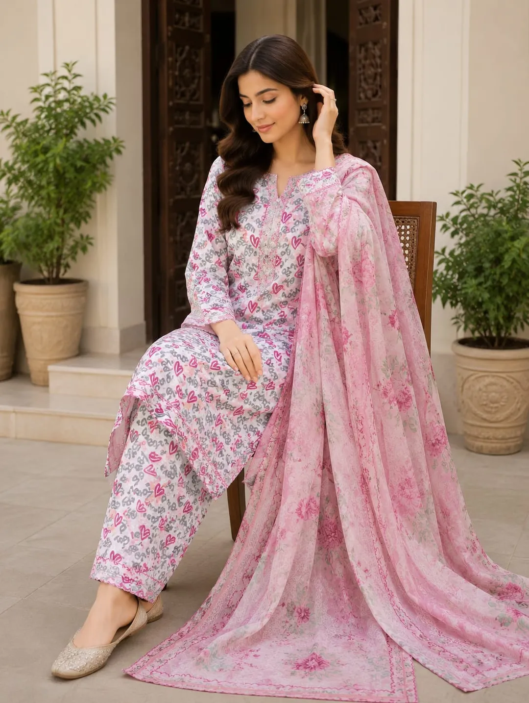 Women's 3Pcs Lawn Printed Suit Set White with Dupatta