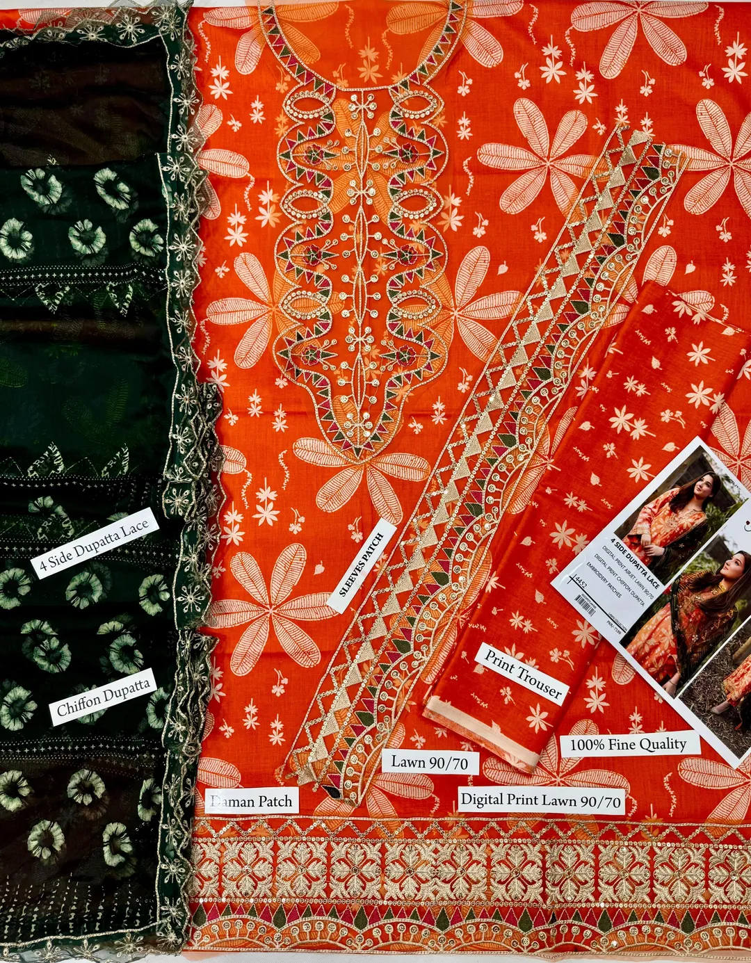 Orange Embroidered 3Pcs Lawn Suit with Dupatta