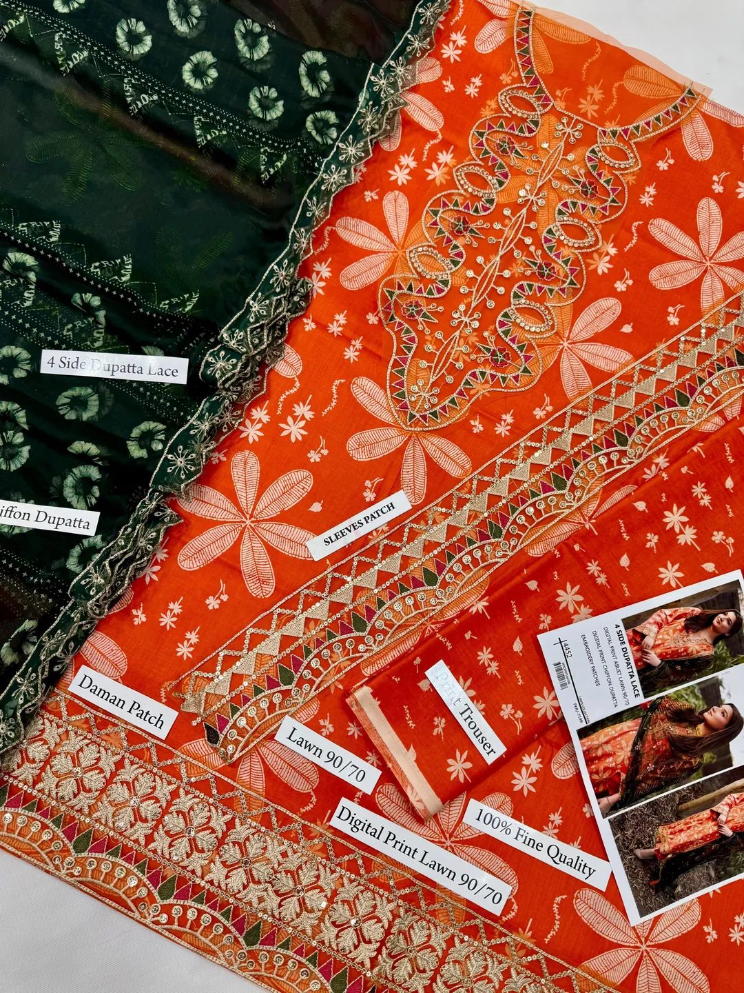 Orange Embroidered 3Pcs Lawn Suit with Dupatta