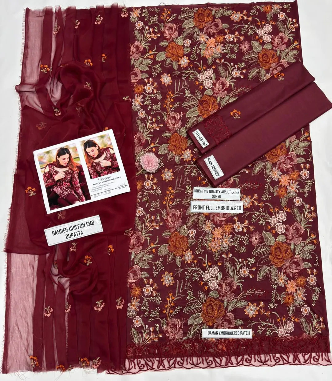 Heavy Embroidered Red Lawn 3Pcs Suit for Women
