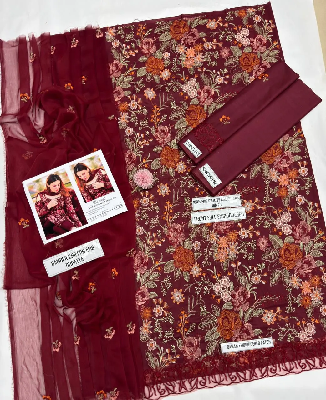 Heavy Embroidered Red Lawn 3Pcs Suit for Women