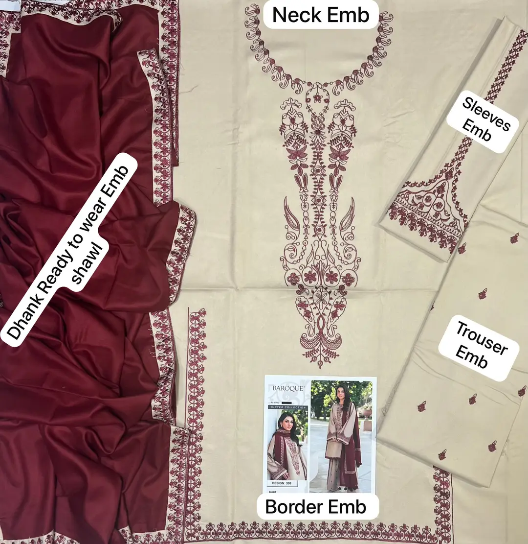 3 Pcs Women's Unstitched Embroidered Suit
