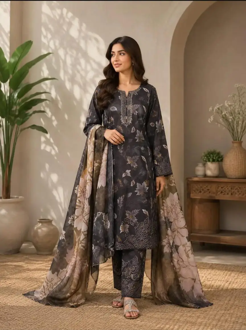 3 Pcs Women's Unstitched Printed Embroidered Suit