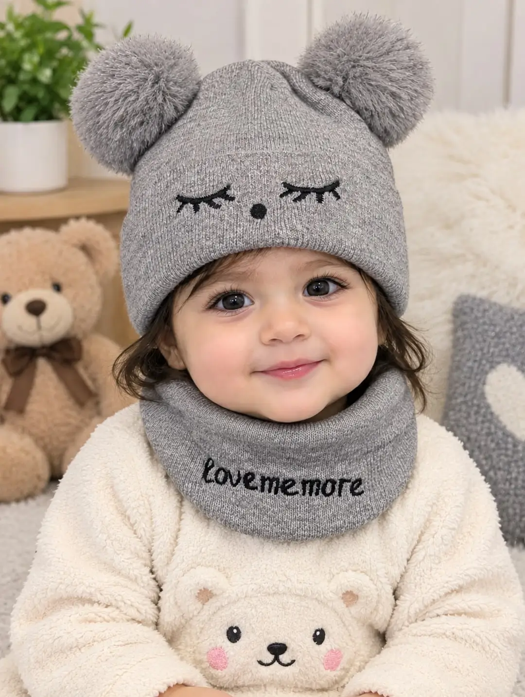 Baby Textured Wool Beanie Cap with Pom-Poms, Grey - Standard Size