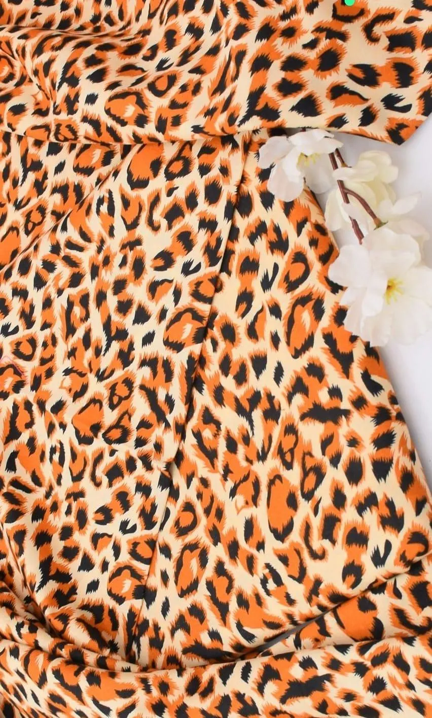 Leopard Print Polo Cotton 2 PC Suit Orange Black