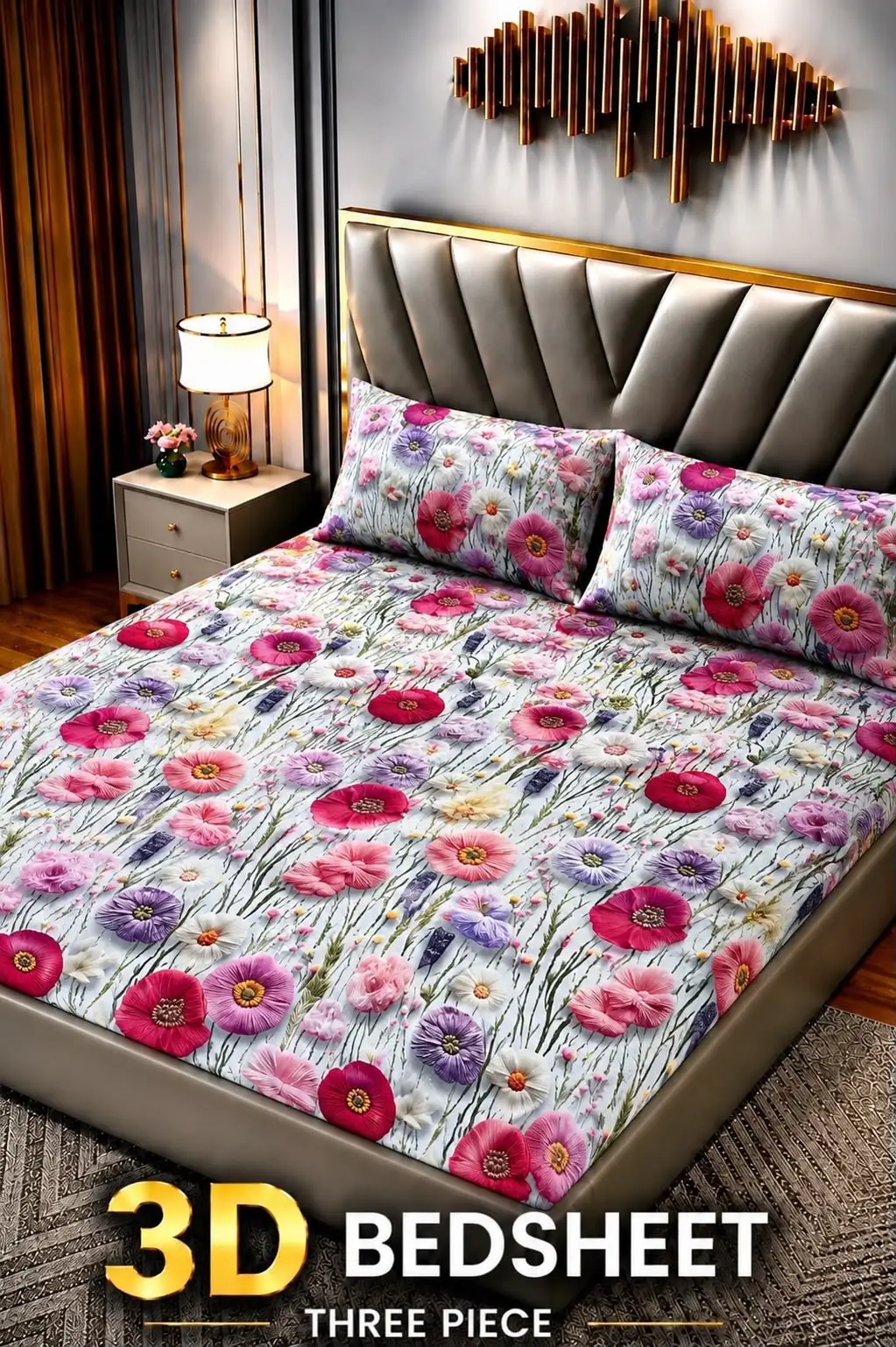 3 Pcs Cotton Sotton Printed Double Bedsheet