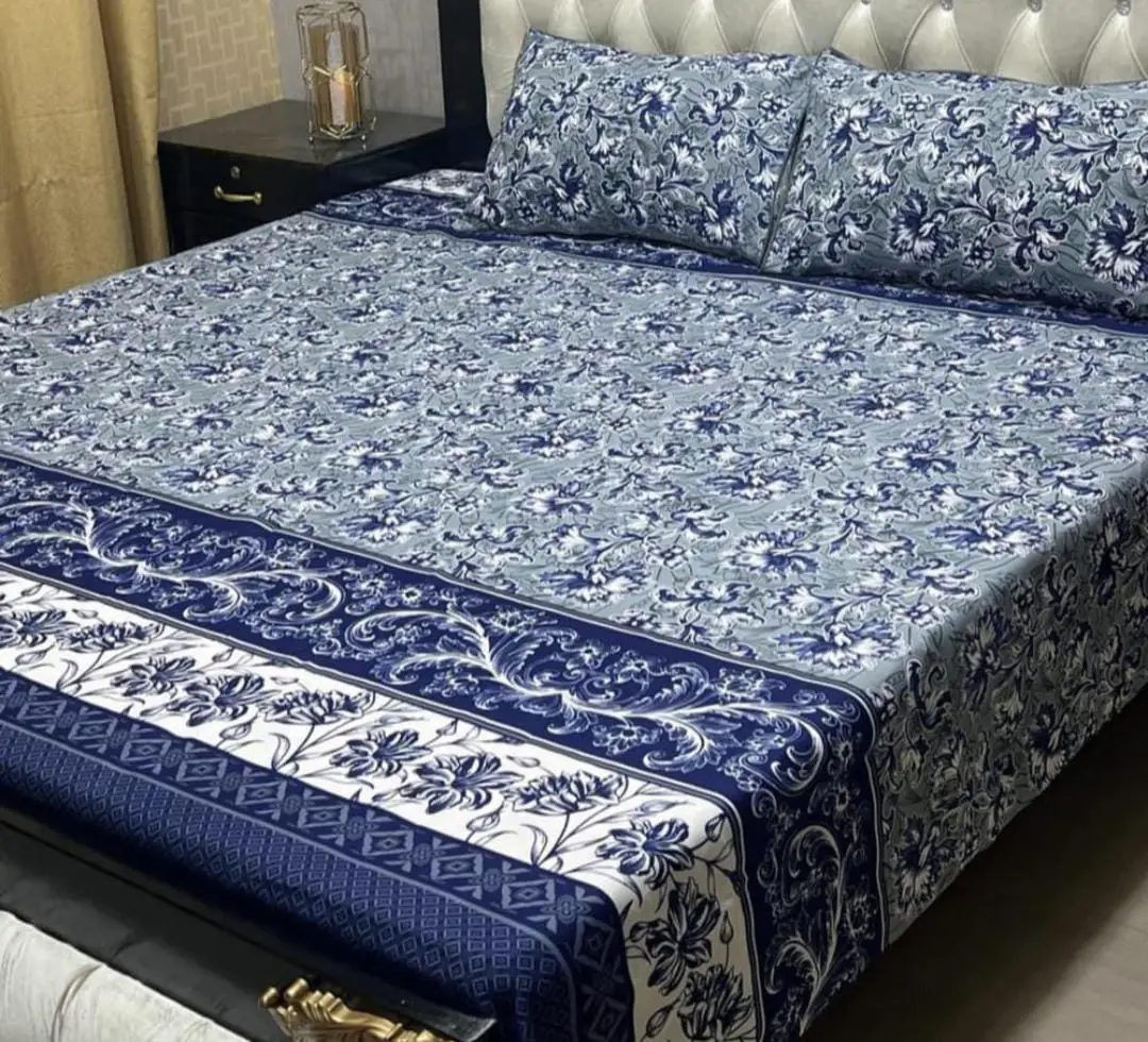 3 Pcs Crystal Cotton Printed Double Bedsheet