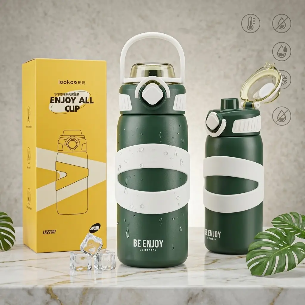 Looko Premium Sports Vacuum Insulated Bottle - 500ml - High-Grade 316 Stainless Steel Thermos Flask with Straw